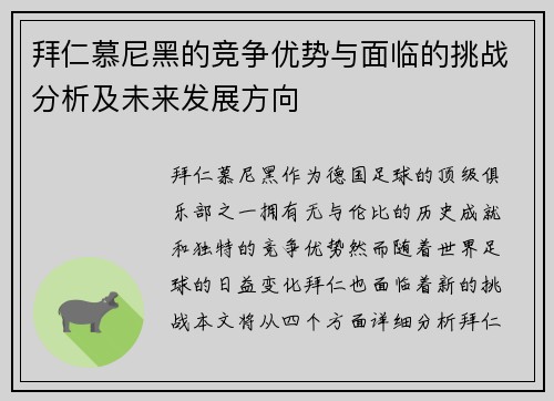 拜仁慕尼黑的竞争优势与面临的挑战分析及未来发展方向